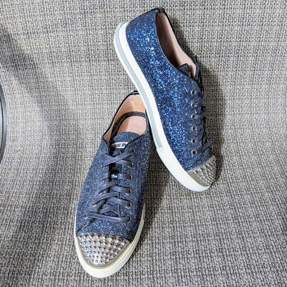 Miu Miu Navy Blue Glitter Studded Toe Sneakers